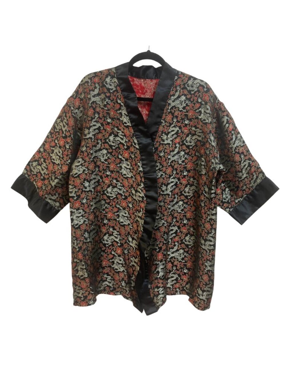 Unlined Kimono with Red Flowers and Silver Dragons Black Satin Trim